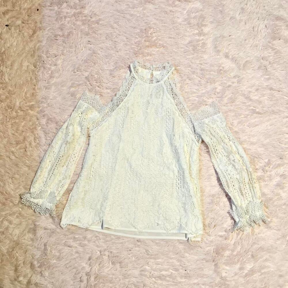 White Lace Cold Shoulder High Neck Whimsical Dainty‎ Bridal Angelic Feminine Top